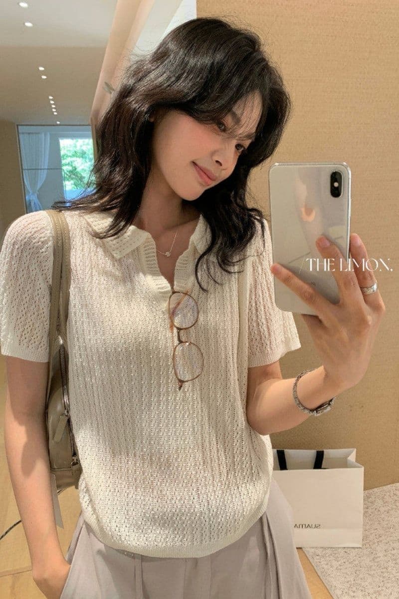 도파민 파란색 POLO 칼라 긍정적 인 어깨 반팔 니트 티셔츠 여성 여름 느슨함 센스 루즈핏 폴로 칼라 홀로우 아웃 맨위 이미지 2