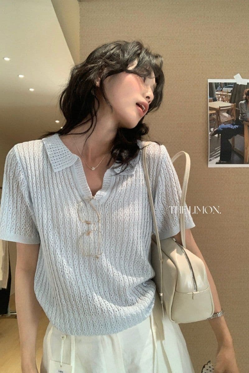 도파민 파란색 POLO 칼라 긍정적 인 어깨 반팔 니트 티셔츠 여성 여름 느슨함 센스 루즈핏 폴로 칼라 홀로우 아웃 맨위