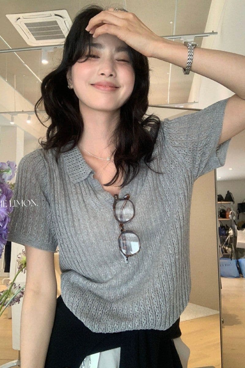 도파민 파란색 POLO 칼라 긍정적 인 어깨 반팔 니트 티셔츠 여성 여름 느슨함 센스 루즈핏 폴로 칼라 홀로우 아웃 맨위 이미지 3