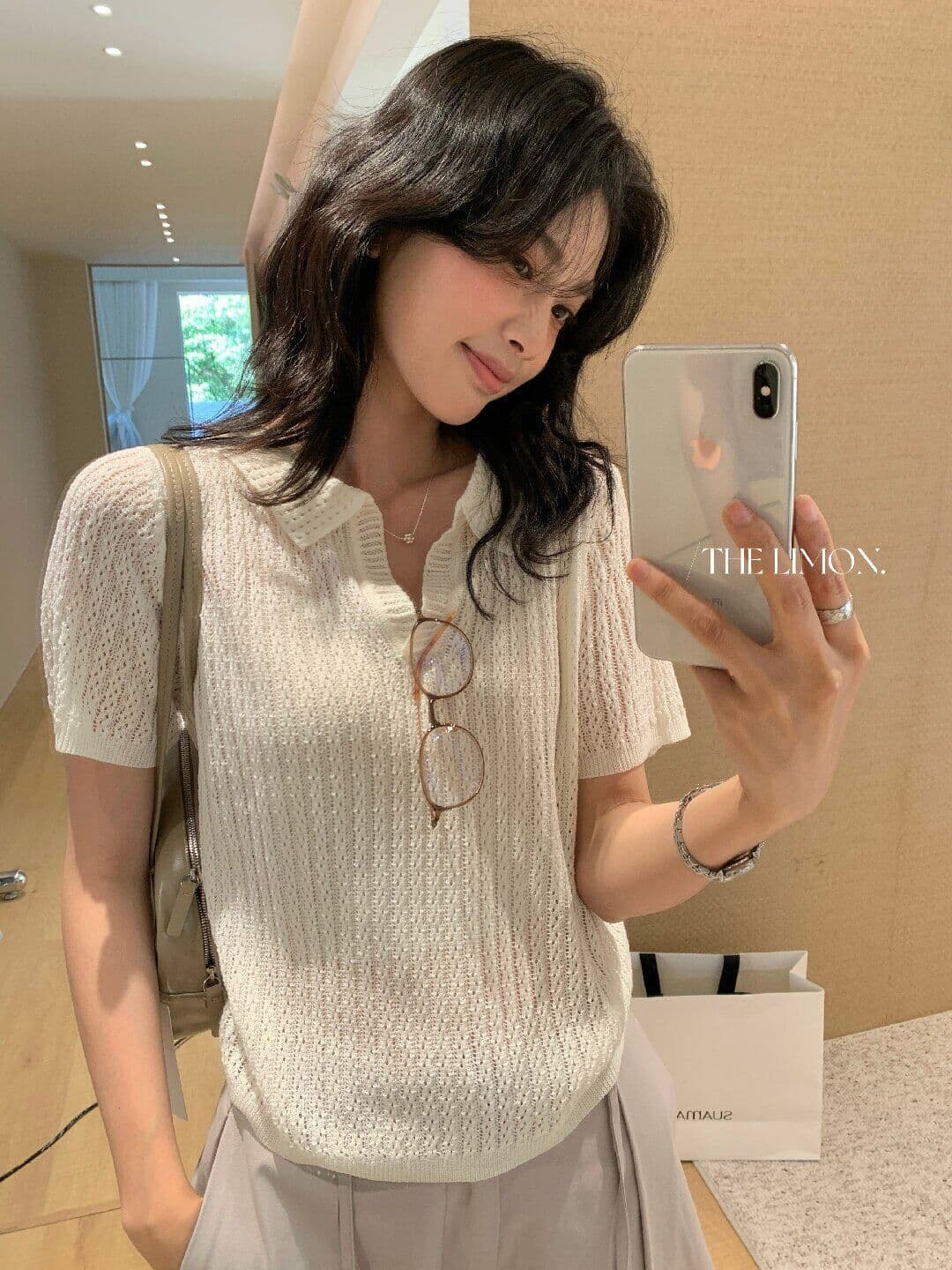 도파민 파란색 POLO 칼라 긍정적 인 어깨 반팔 니트 티셔츠 여성 여름 느슨함 센스 루즈핏 폴로 칼라 홀로우 아웃 맨위 상세 이미지 3
