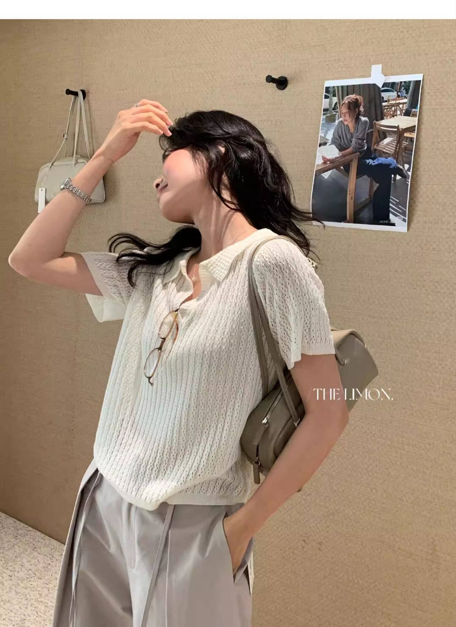 도파민 파란색 POLO 칼라 긍정적 인 어깨 반팔 니트 티셔츠 여성 여름 느슨함 센스 루즈핏 폴로 칼라 홀로우 아웃 맨위 상세 이미지 4