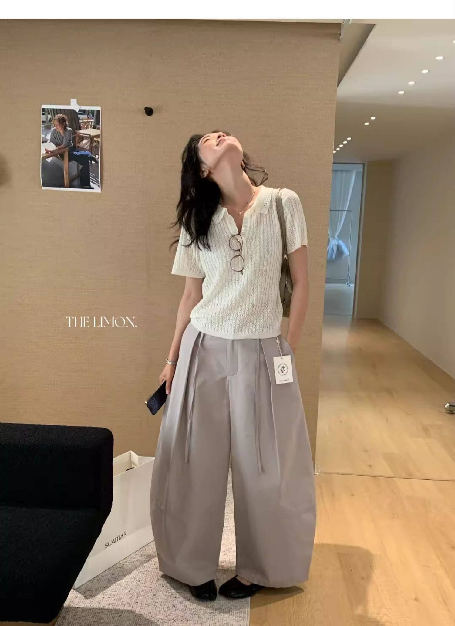 도파민 파란색 POLO 칼라 긍정적 인 어깨 반팔 니트 티셔츠 여성 여름 느슨함 센스 루즈핏 폴로 칼라 홀로우 아웃 맨위 상세 이미지 5