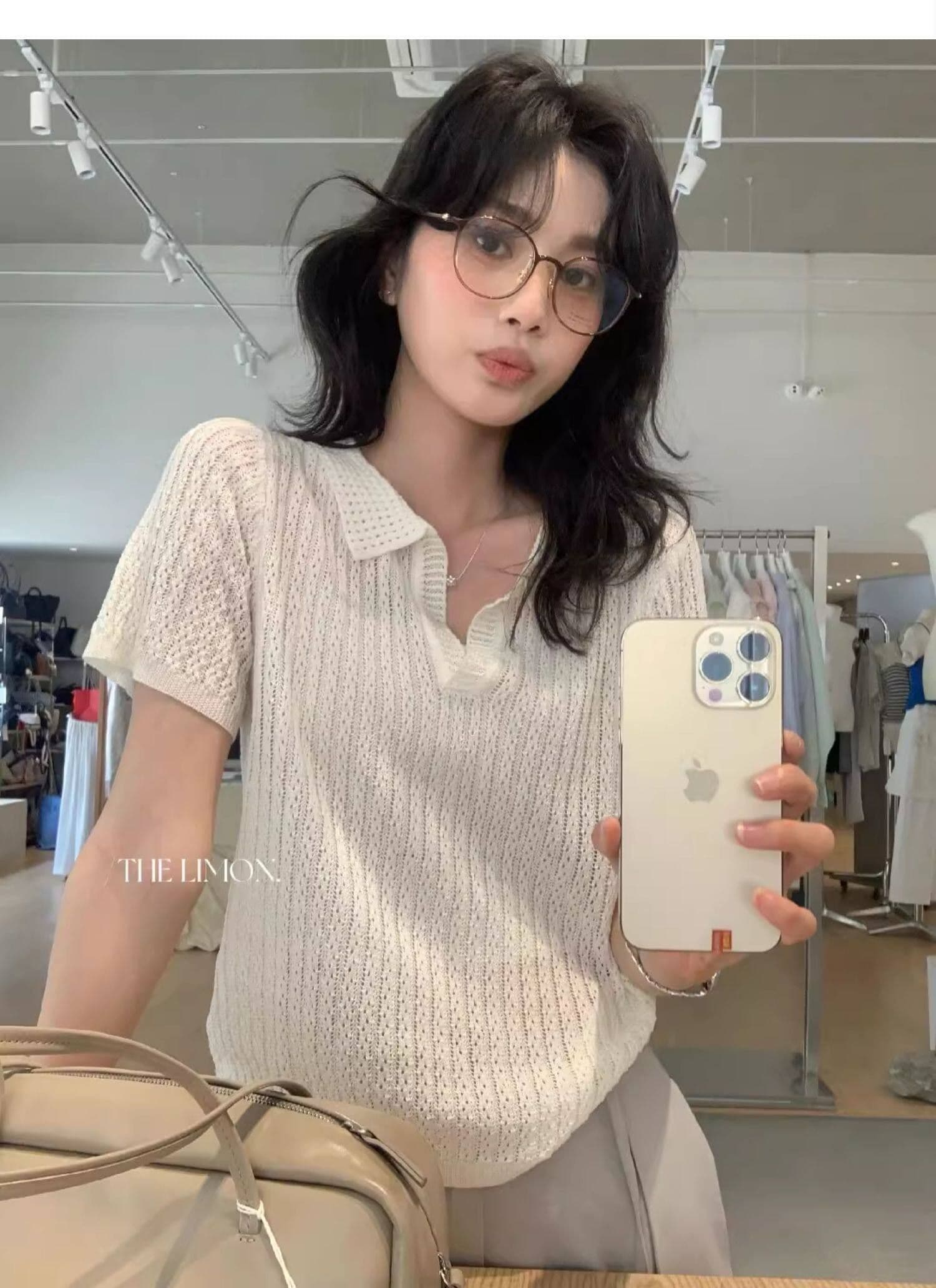 도파민 파란색 POLO 칼라 긍정적 인 어깨 반팔 니트 티셔츠 여성 여름 느슨함 센스 루즈핏 폴로 칼라 홀로우 아웃 맨위 상세 이미지 7