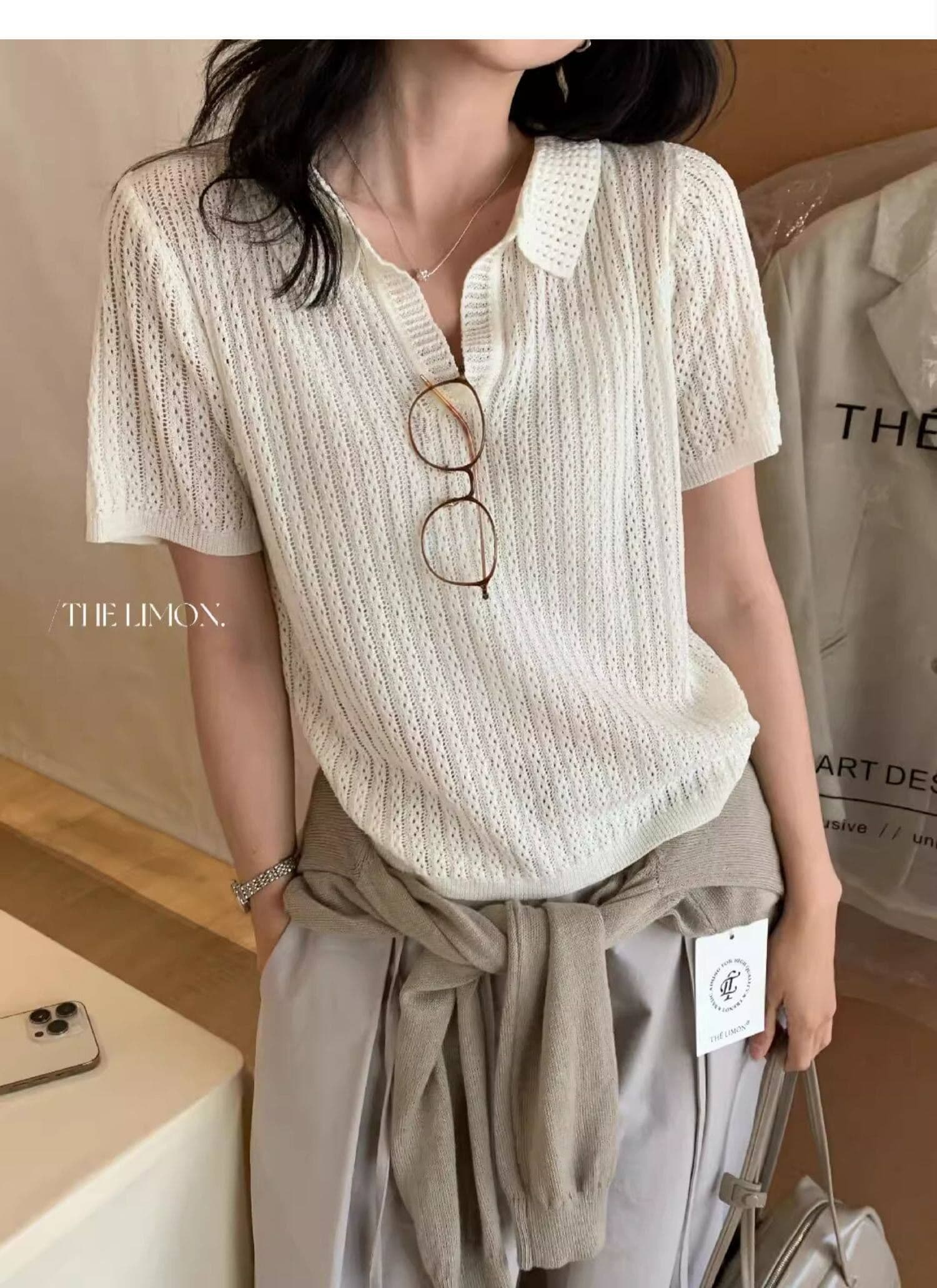 도파민 파란색 POLO 칼라 긍정적 인 어깨 반팔 니트 티셔츠 여성 여름 느슨함 센스 루즈핏 폴로 칼라 홀로우 아웃 맨위 상세 이미지 9