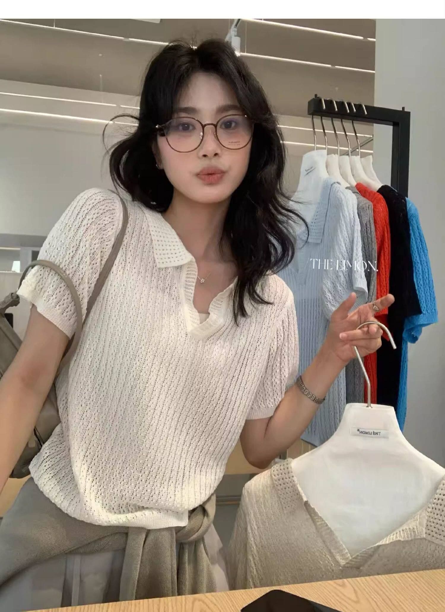 도파민 파란색 POLO 칼라 긍정적 인 어깨 반팔 니트 티셔츠 여성 여름 느슨함 센스 루즈핏 폴로 칼라 홀로우 아웃 맨위 상세 이미지 10