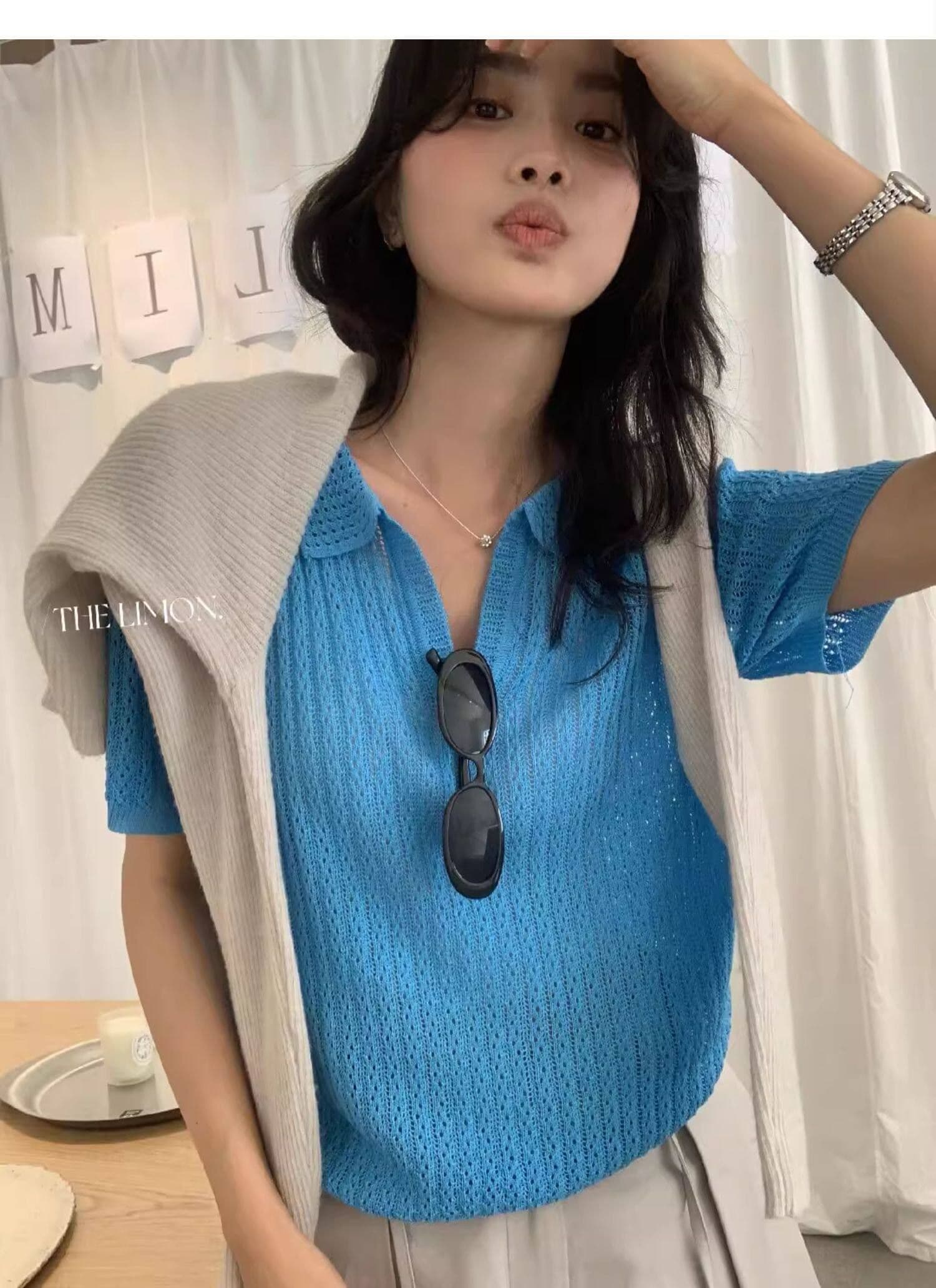 도파민 파란색 POLO 칼라 긍정적 인 어깨 반팔 니트 티셔츠 여성 여름 느슨함 센스 루즈핏 폴로 칼라 홀로우 아웃 맨위 상세 이미지 13