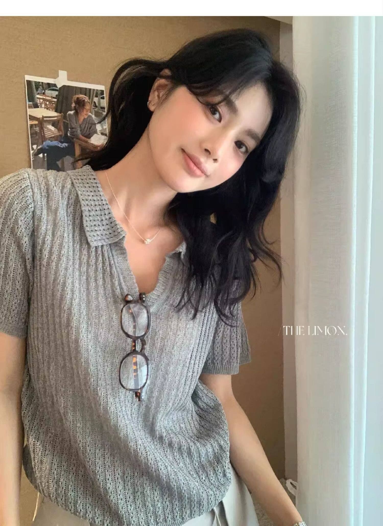 도파민 파란색 POLO 칼라 긍정적 인 어깨 반팔 니트 티셔츠 여성 여름 느슨함 센스 루즈핏 폴로 칼라 홀로우 아웃 맨위 상세 이미지 19