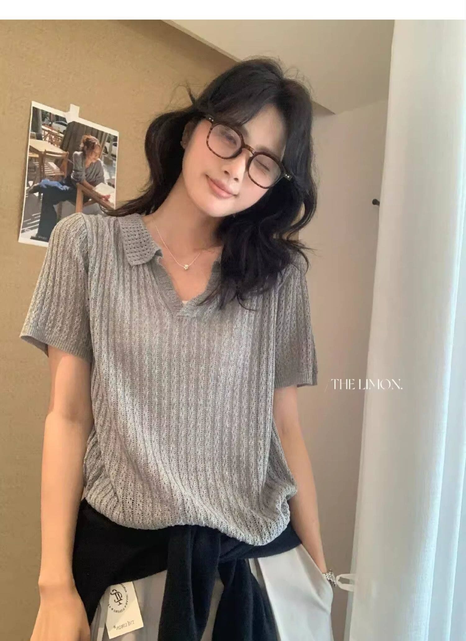 도파민 파란색 POLO 칼라 긍정적 인 어깨 반팔 니트 티셔츠 여성 여름 느슨함 센스 루즈핏 폴로 칼라 홀로우 아웃 맨위 상세 이미지 21