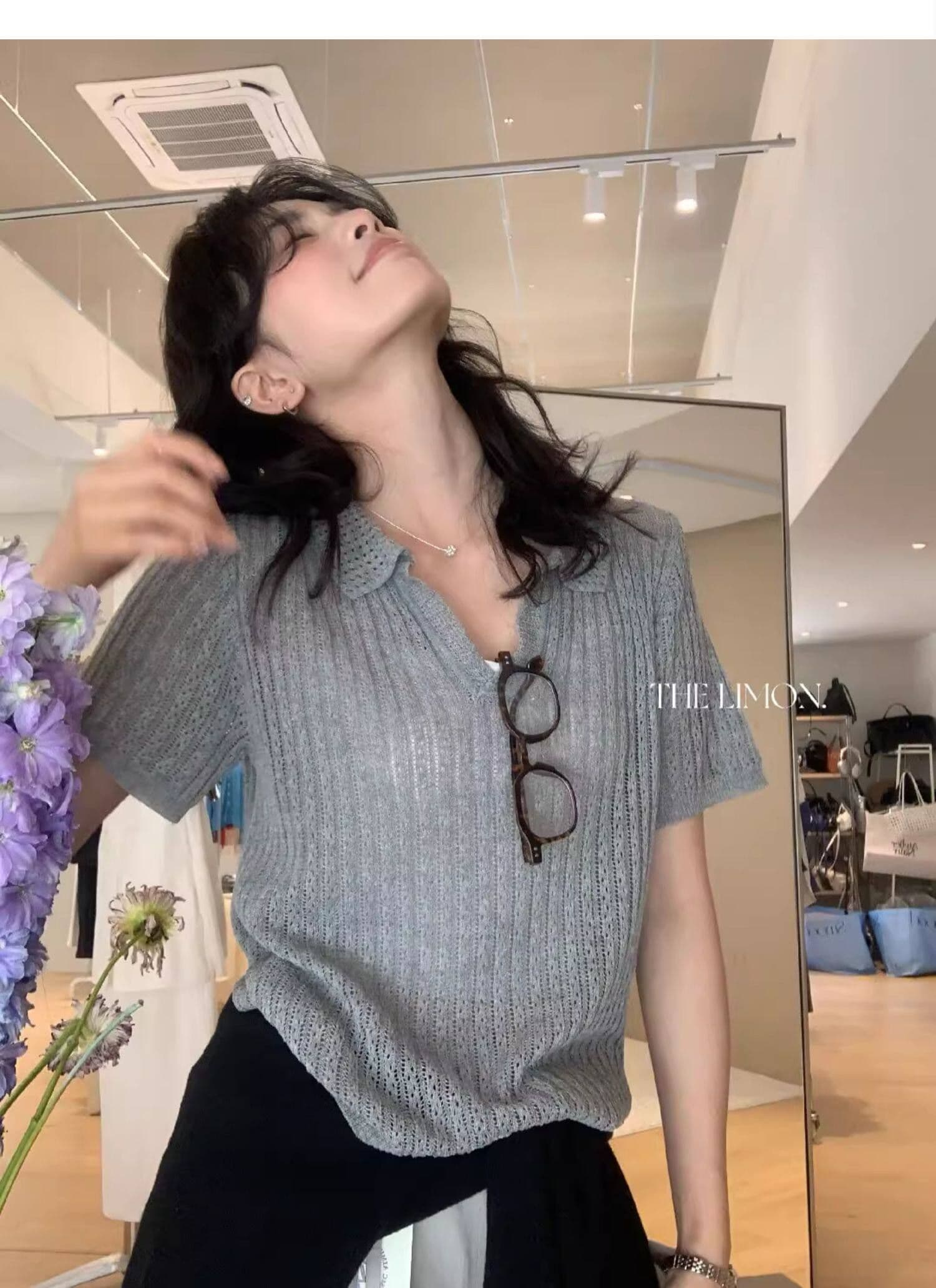 도파민 파란색 POLO 칼라 긍정적 인 어깨 반팔 니트 티셔츠 여성 여름 느슨함 센스 루즈핏 폴로 칼라 홀로우 아웃 맨위 상세 이미지 23