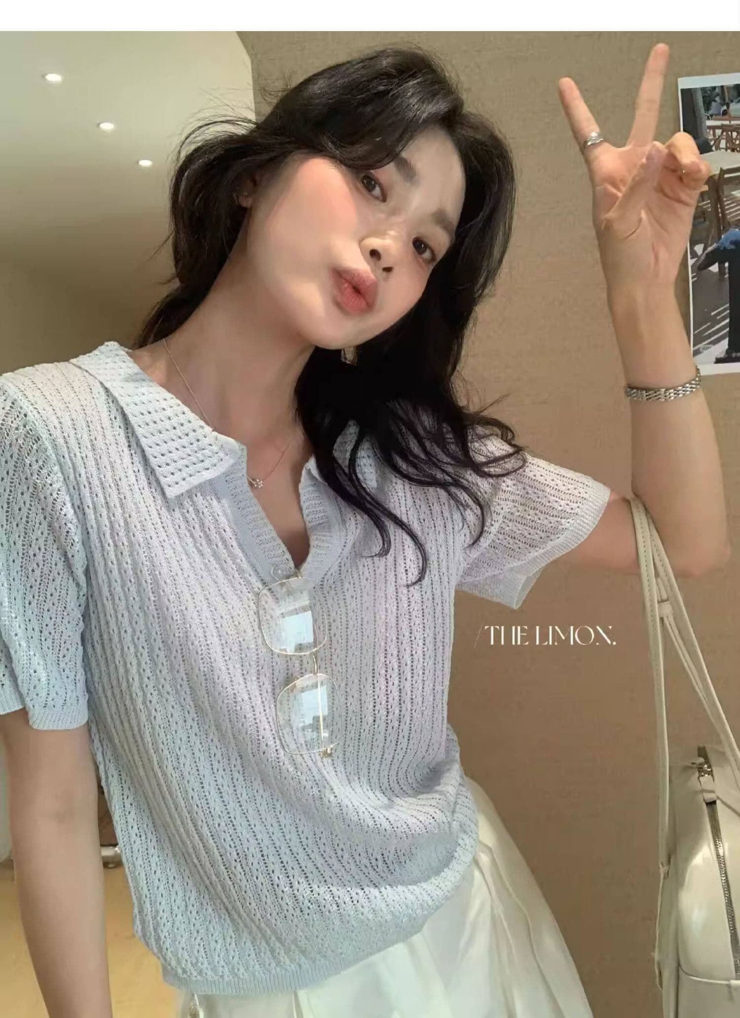 도파민 파란색 POLO 칼라 긍정적 인 어깨 반팔 니트 티셔츠 여성 여름 느슨함 센스 루즈핏 폴로 칼라 홀로우 아웃 맨위 상세 이미지 25