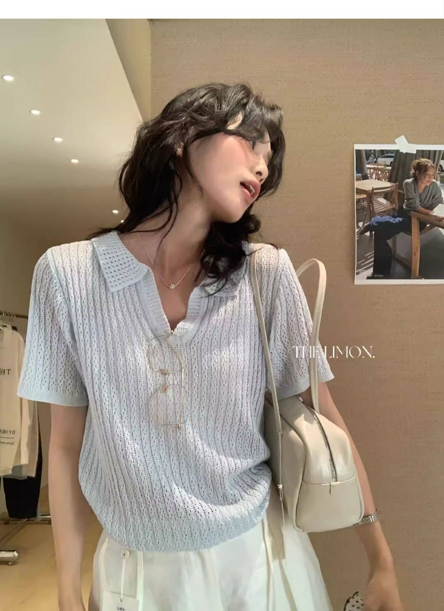도파민 파란색 POLO 칼라 긍정적 인 어깨 반팔 니트 티셔츠 여성 여름 느슨함 센스 루즈핏 폴로 칼라 홀로우 아웃 맨위 상세 이미지 27