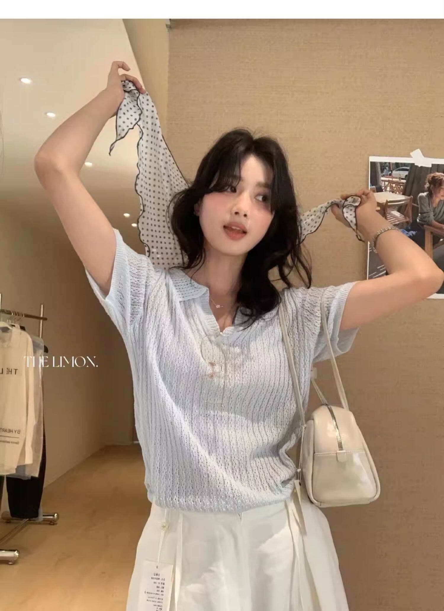 도파민 파란색 POLO 칼라 긍정적 인 어깨 반팔 니트 티셔츠 여성 여름 느슨함 센스 루즈핏 폴로 칼라 홀로우 아웃 맨위 상세 이미지 28
