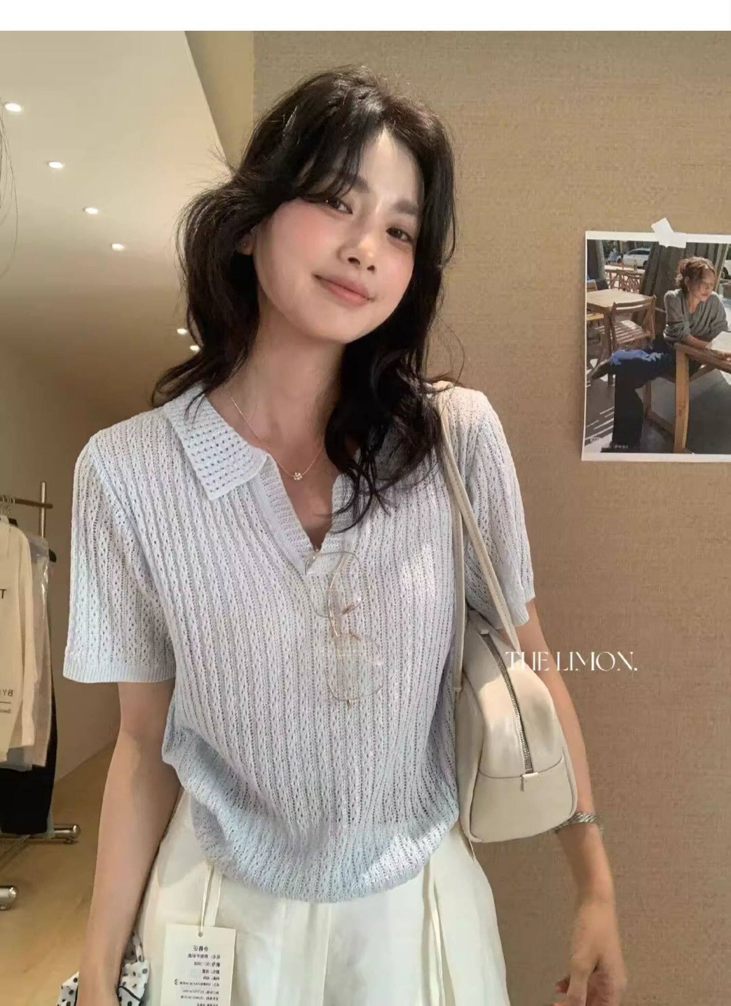 도파민 파란색 POLO 칼라 긍정적 인 어깨 반팔 니트 티셔츠 여성 여름 느슨함 센스 루즈핏 폴로 칼라 홀로우 아웃 맨위 상세 이미지 29