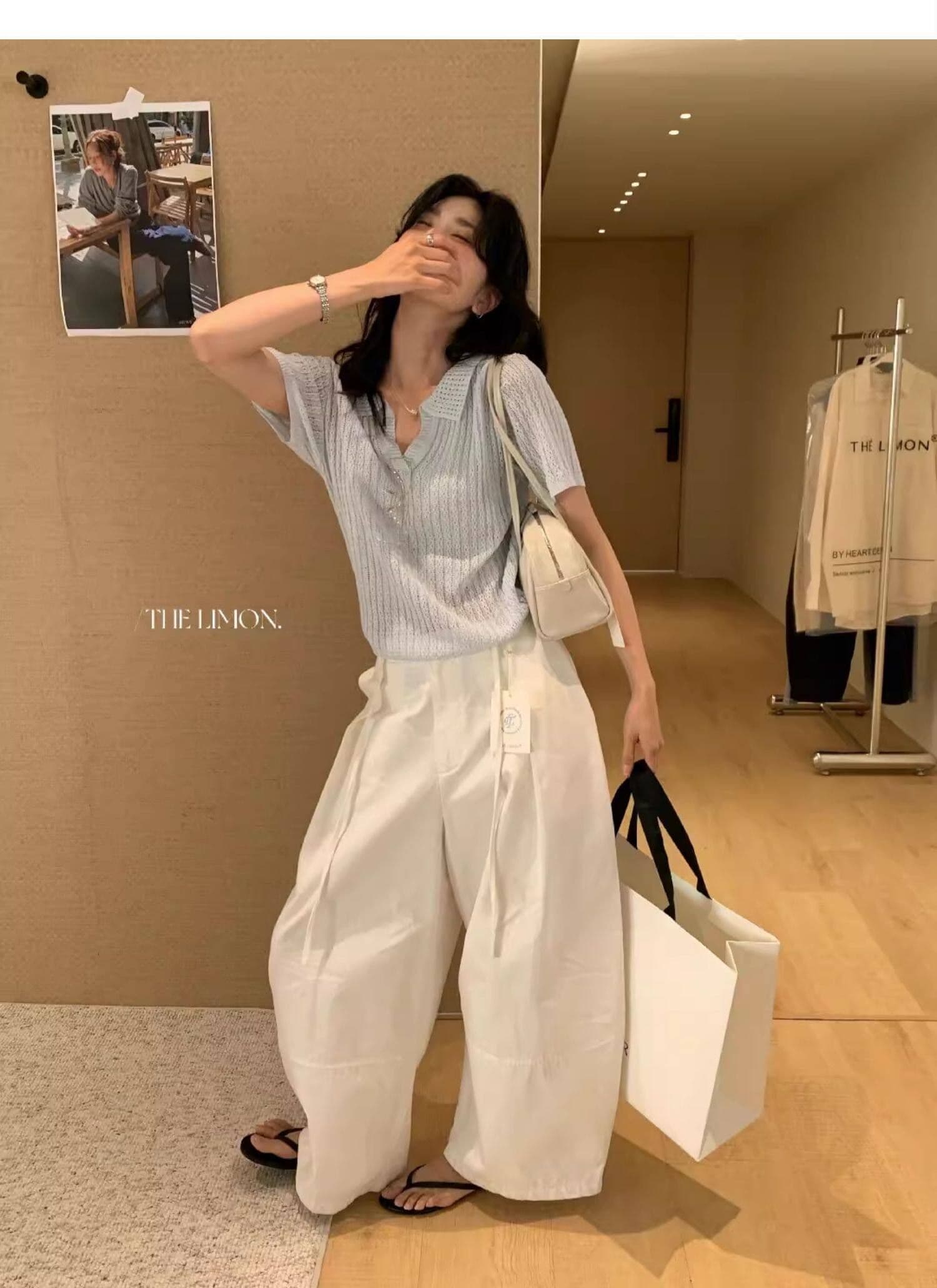 도파민 파란색 POLO 칼라 긍정적 인 어깨 반팔 니트 티셔츠 여성 여름 느슨함 센스 루즈핏 폴로 칼라 홀로우 아웃 맨위 상세 이미지 30