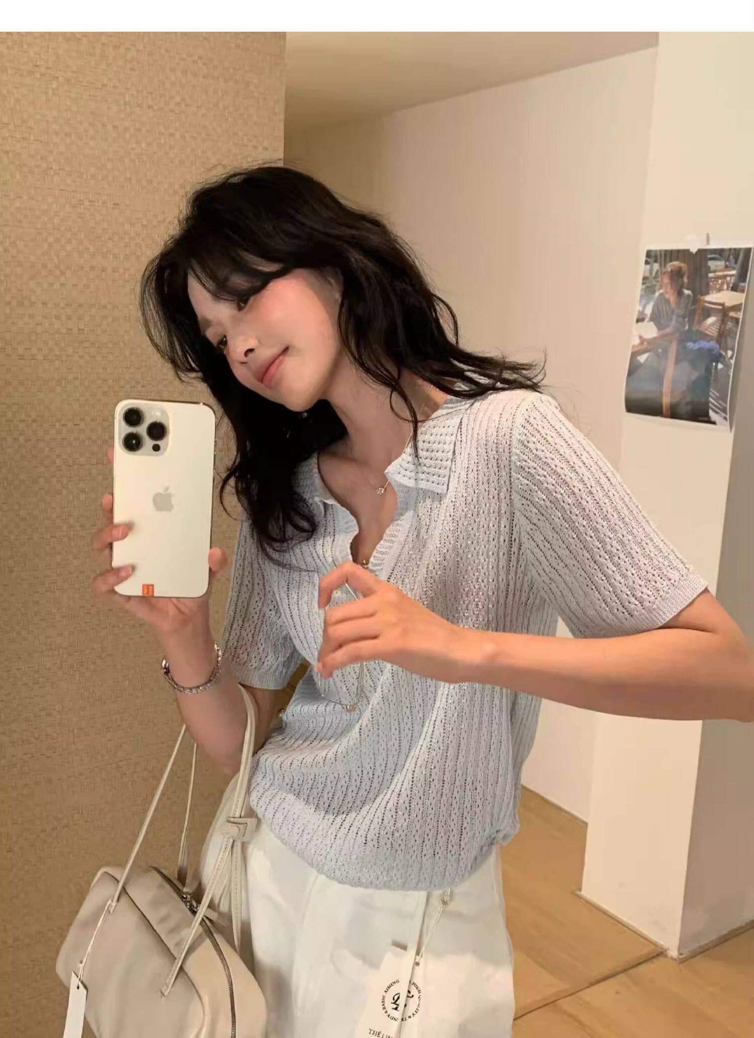 도파민 파란색 POLO 칼라 긍정적 인 어깨 반팔 니트 티셔츠 여성 여름 느슨함 센스 루즈핏 폴로 칼라 홀로우 아웃 맨위 상세 이미지 31