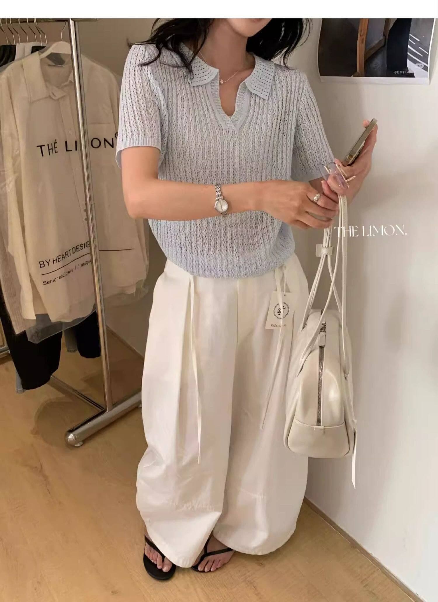도파민 파란색 POLO 칼라 긍정적 인 어깨 반팔 니트 티셔츠 여성 여름 느슨함 센스 루즈핏 폴로 칼라 홀로우 아웃 맨위 상세 이미지 32