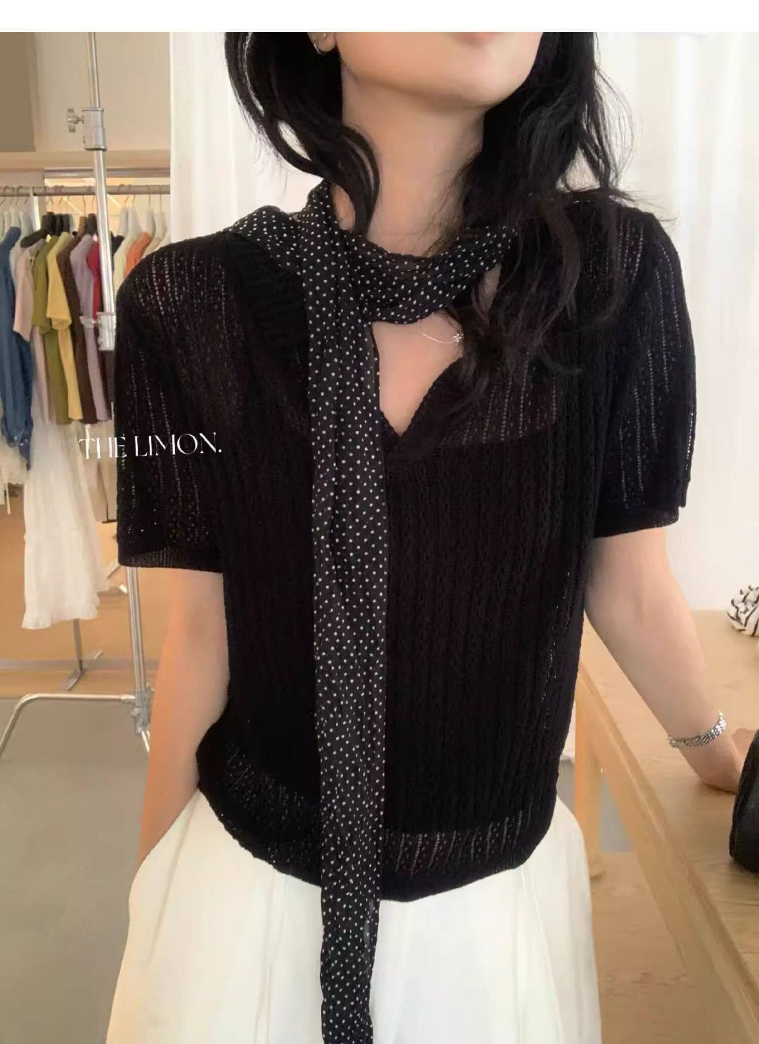 도파민 파란색 POLO 칼라 긍정적 인 어깨 반팔 니트 티셔츠 여성 여름 느슨함 센스 루즈핏 폴로 칼라 홀로우 아웃 맨위 상세 이미지 33