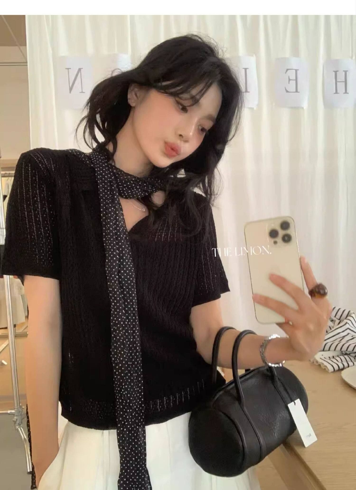 도파민 파란색 POLO 칼라 긍정적 인 어깨 반팔 니트 티셔츠 여성 여름 느슨함 센스 루즈핏 폴로 칼라 홀로우 아웃 맨위 상세 이미지 35