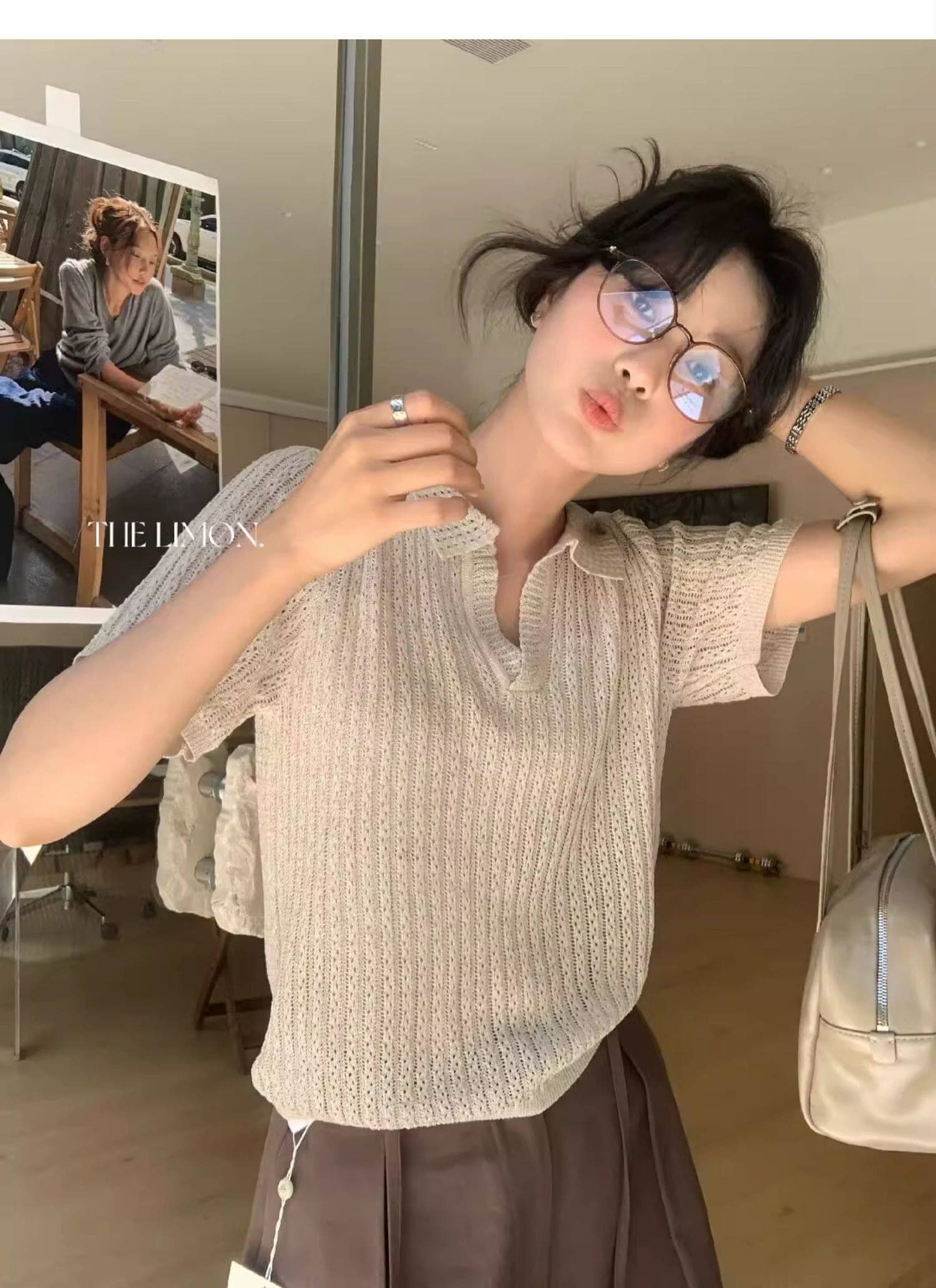 도파민 파란색 POLO 칼라 긍정적 인 어깨 반팔 니트 티셔츠 여성 여름 느슨함 센스 루즈핏 폴로 칼라 홀로우 아웃 맨위 상세 이미지 37