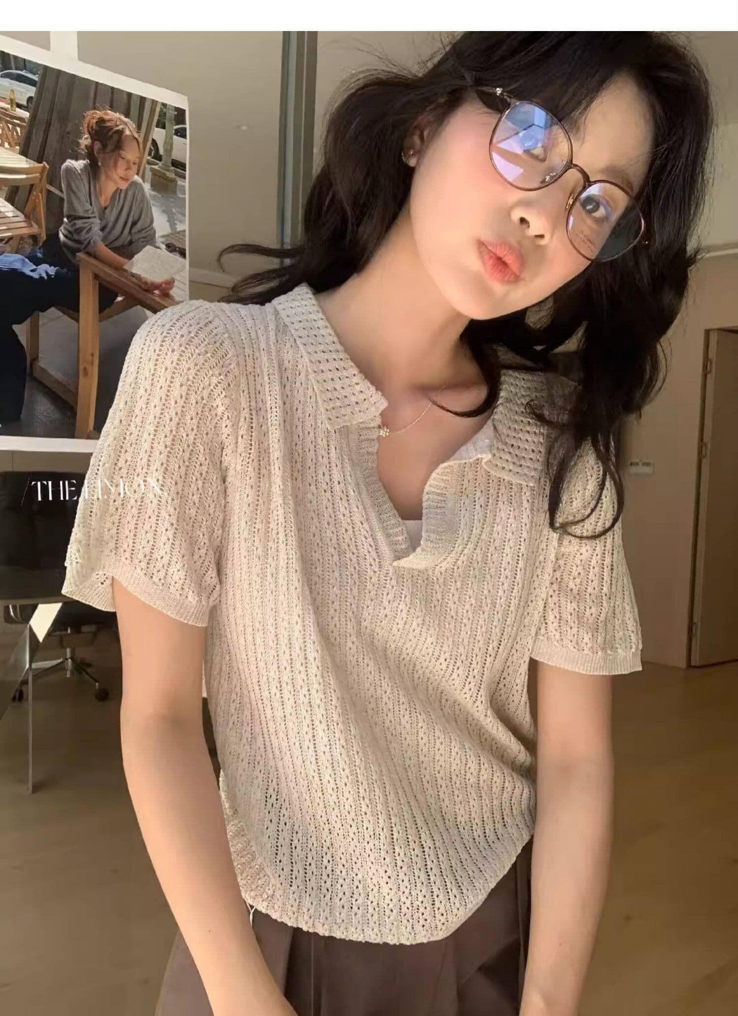 도파민 파란색 POLO 칼라 긍정적 인 어깨 반팔 니트 티셔츠 여성 여름 느슨함 센스 루즈핏 폴로 칼라 홀로우 아웃 맨위 상세 이미지 39