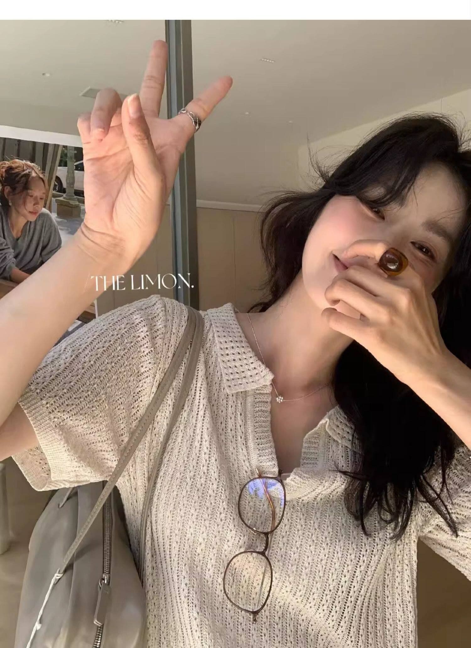 도파민 파란색 POLO 칼라 긍정적 인 어깨 반팔 니트 티셔츠 여성 여름 느슨함 센스 루즈핏 폴로 칼라 홀로우 아웃 맨위 상세 이미지 40