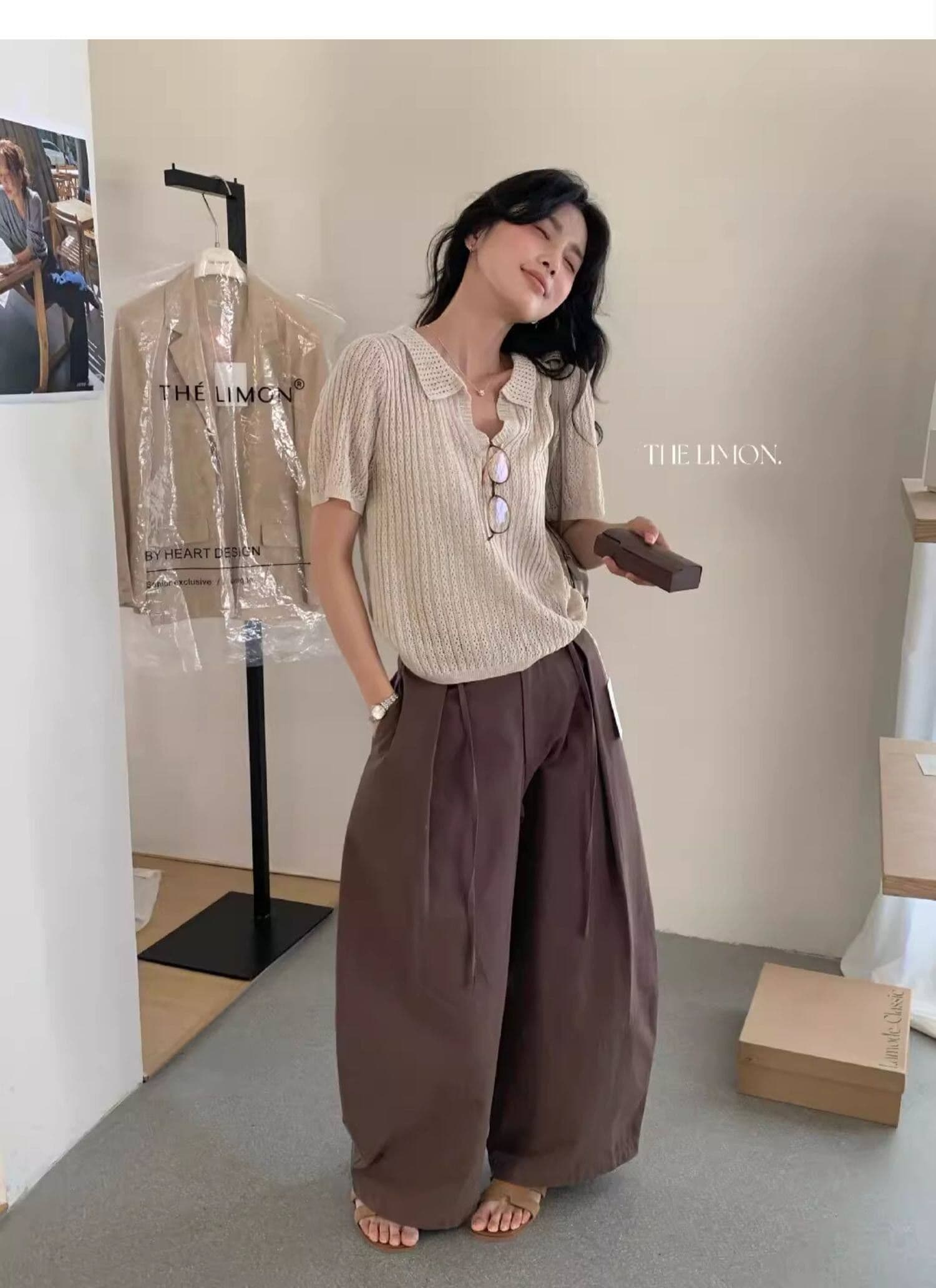 도파민 파란색 POLO 칼라 긍정적 인 어깨 반팔 니트 티셔츠 여성 여름 느슨함 센스 루즈핏 폴로 칼라 홀로우 아웃 맨위 상세 이미지 41