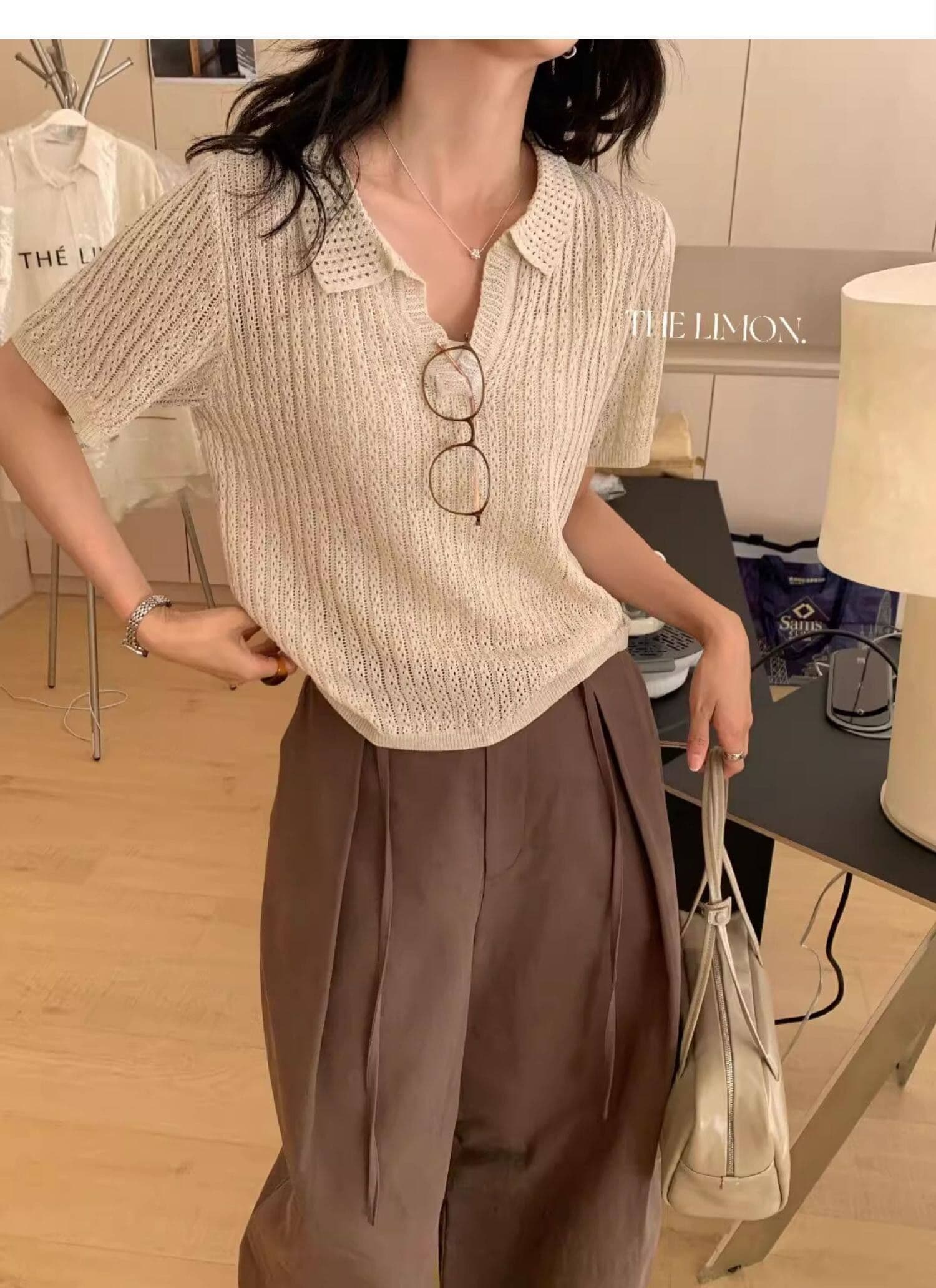 도파민 파란색 POLO 칼라 긍정적 인 어깨 반팔 니트 티셔츠 여성 여름 느슨함 센스 루즈핏 폴로 칼라 홀로우 아웃 맨위 상세 이미지 42