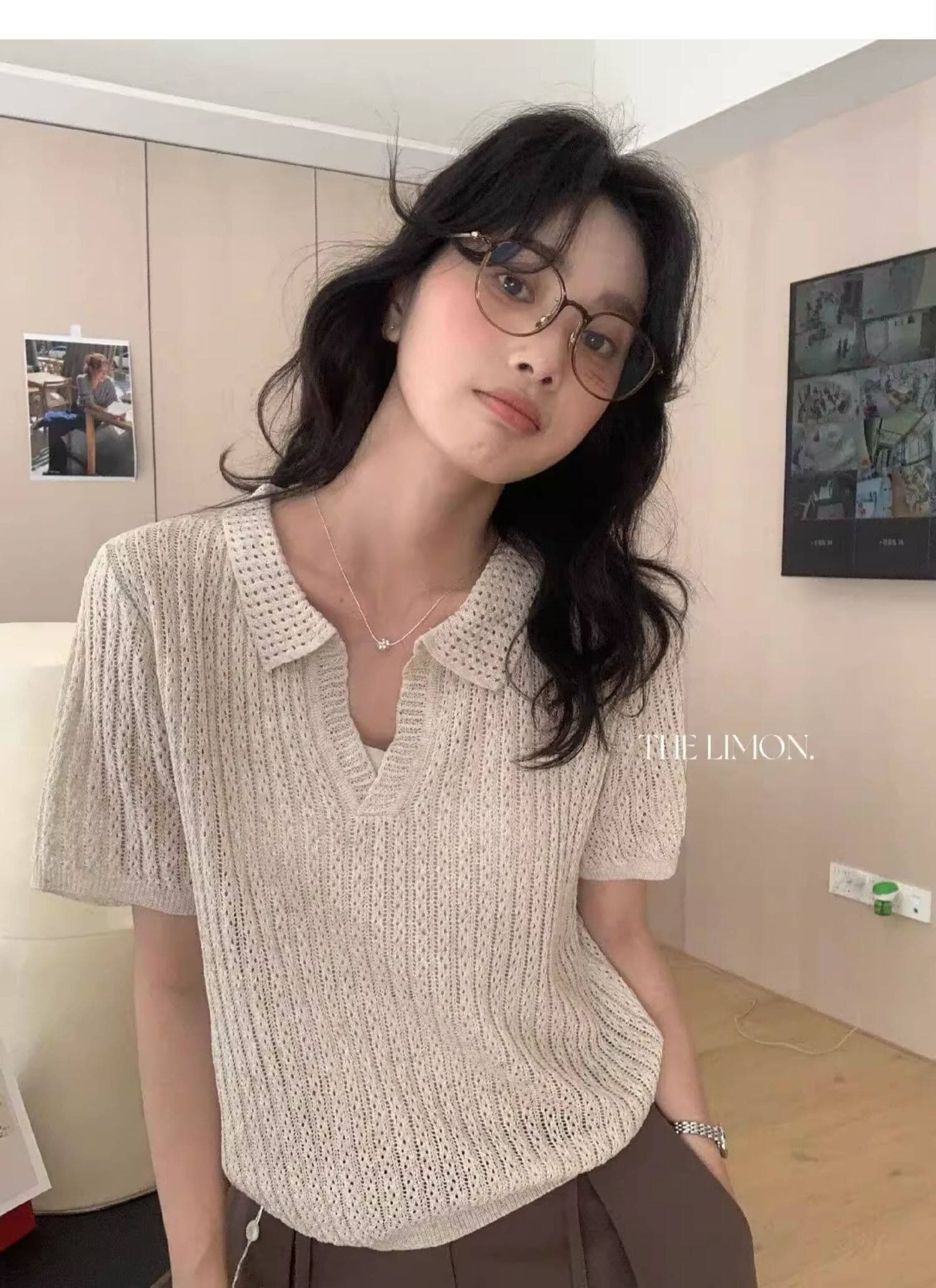 도파민 파란색 POLO 칼라 긍정적 인 어깨 반팔 니트 티셔츠 여성 여름 느슨함 센스 루즈핏 폴로 칼라 홀로우 아웃 맨위 상세 이미지 45