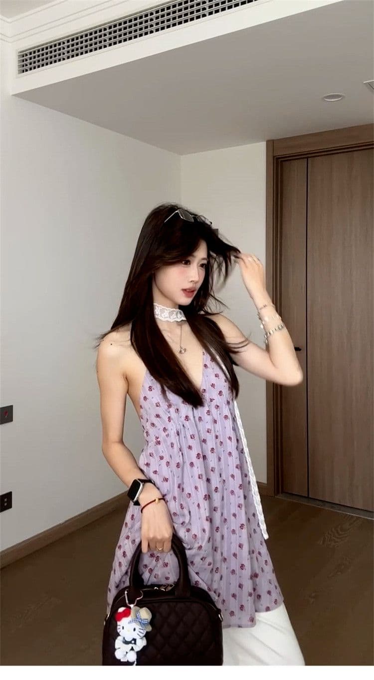 네리 보라색 행침 목 백리스 슬립 꽃무늬 중간 길이 맨위 여름 해변가 휴가 상세 이미지 19