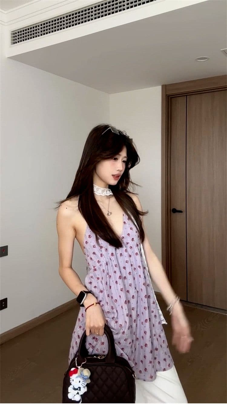 네리 보라색 행침 목 백리스 슬립 꽃무늬 중간 길이 맨위 여름 해변가 휴가 상세 이미지 20