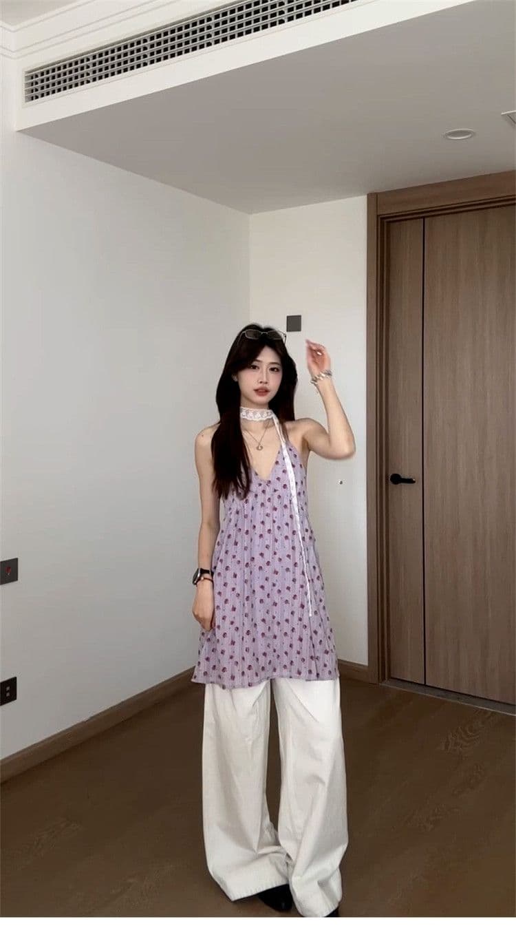 네리 보라색 행침 목 백리스 슬립 꽃무늬 중간 길이 맨위 여름 해변가 휴가 상세 이미지 21