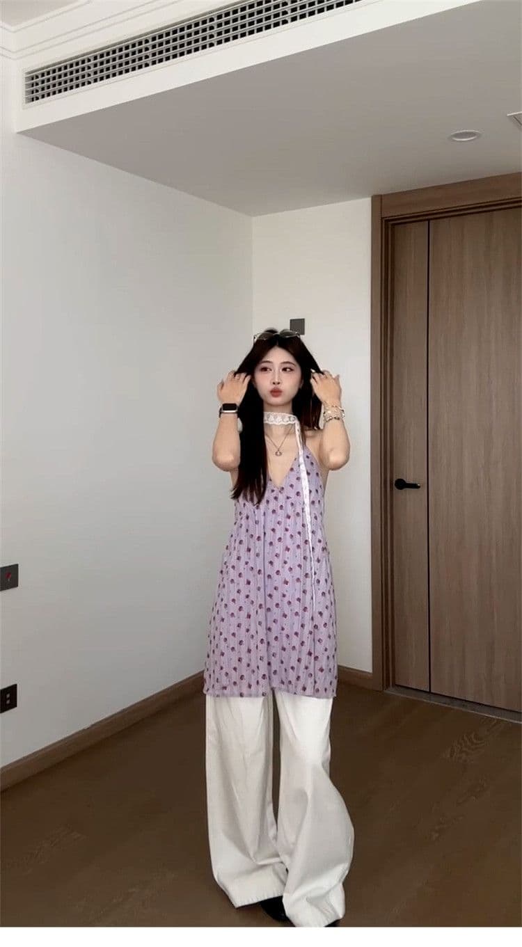 네리 보라색 행침 목 백리스 슬립 꽃무늬 중간 길이 맨위 여름 해변가 휴가 상세 이미지 22