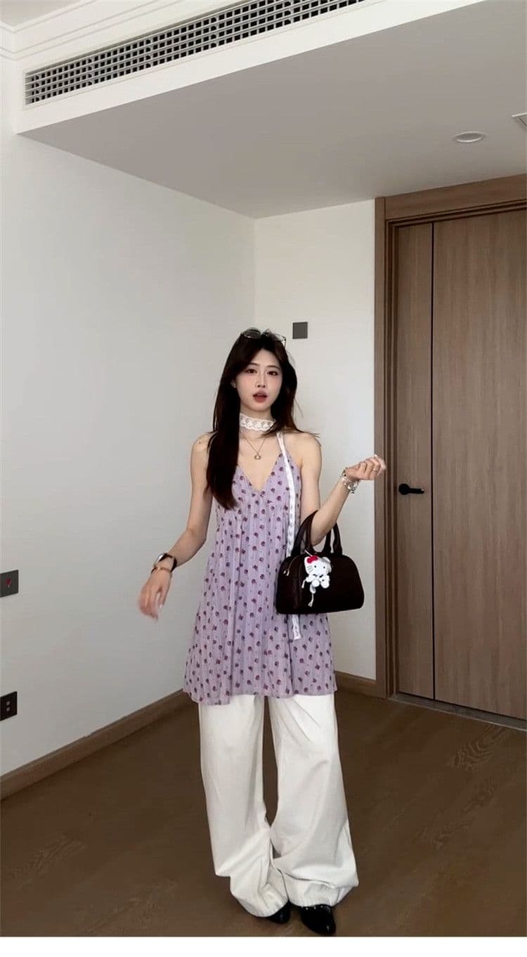 네리 보라색 행침 목 백리스 슬립 꽃무늬 중간 길이 맨위 여름 해변가 휴가 상세 이미지 23