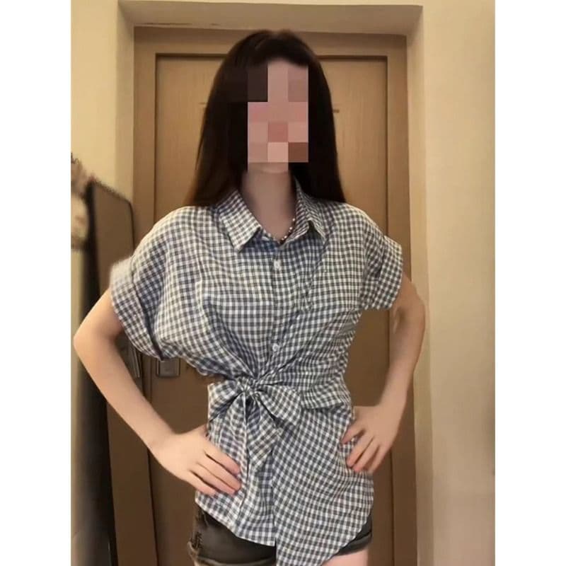 체크무늬 나비 매듭 스트랩 POLO 칼라 반팔 여성 셔츠 여름 작은 키 몸매 가꾸기 고급 캐주얼 맨위 이미지 4