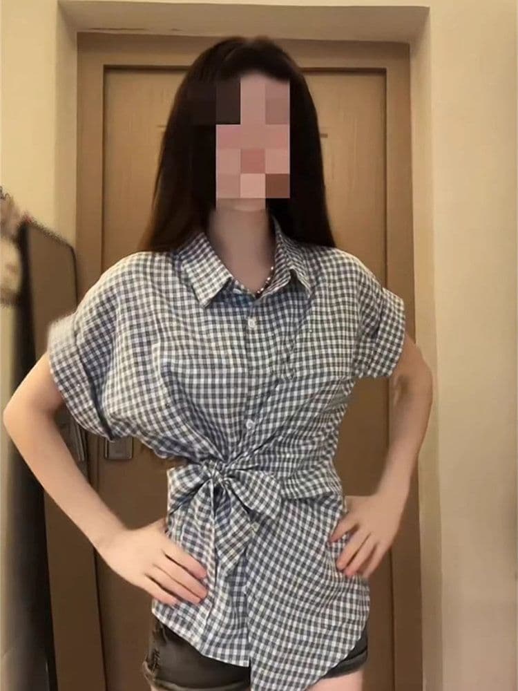 체크무늬 나비 매듭 스트랩 POLO 칼라 반팔 여성 셔츠 여름 작은 키 몸매 가꾸기 고급 캐주얼 맨위 상세 이미지 4