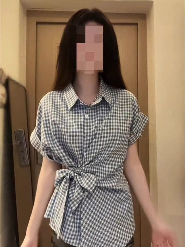 체크무늬 나비 매듭 스트랩 POLO 칼라 반팔 여성 셔츠 여름 작은 키 몸매 가꾸기 고급 캐주얼 맨위 상세 이미지 5