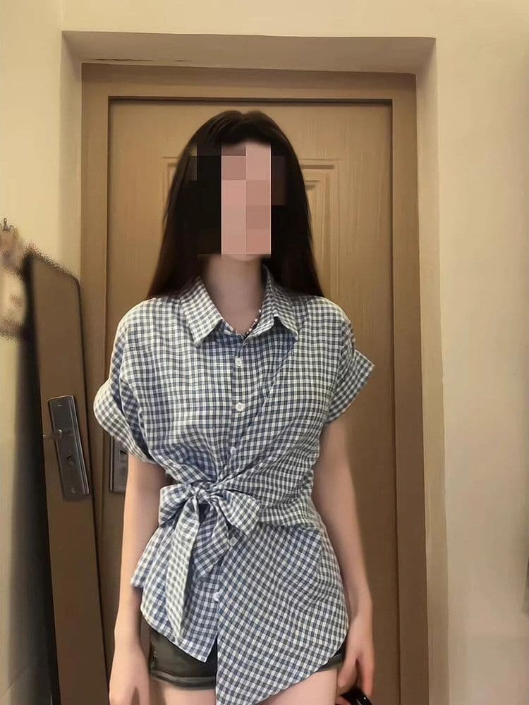 체크무늬 나비 매듭 스트랩 POLO 칼라 반팔 여성 셔츠 여름 작은 키 몸매 가꾸기 고급 캐주얼 맨위 상세 이미지 6