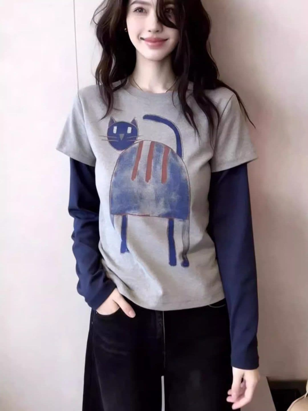 한국 스타일 디자인 센스 페이크 레이어드 고양이 프린트 라운드 넥 긴팔 티셔츠 봄 세련된 외국 가스 기본 셔츠 맨위 여성 상세 이미지 6