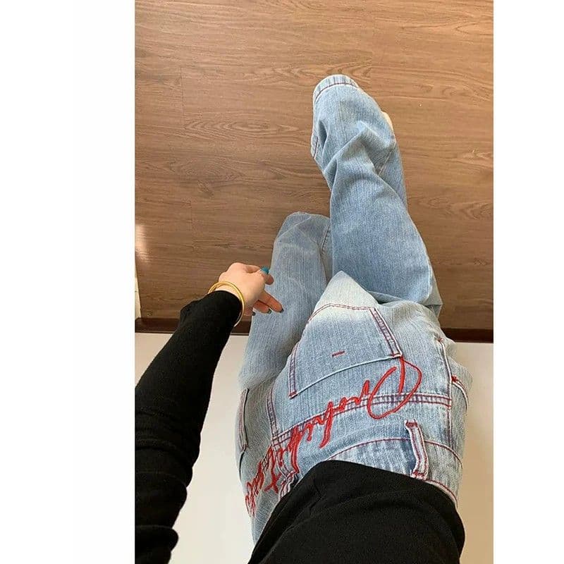 하늘색 자수 루즈핏 넓은 다리 청바지 여성 여름 새로운 하이웨이스트 슬림해 보이는 캐주얼 다용도 도루 센스 바닥 청소 바지 이미지 5