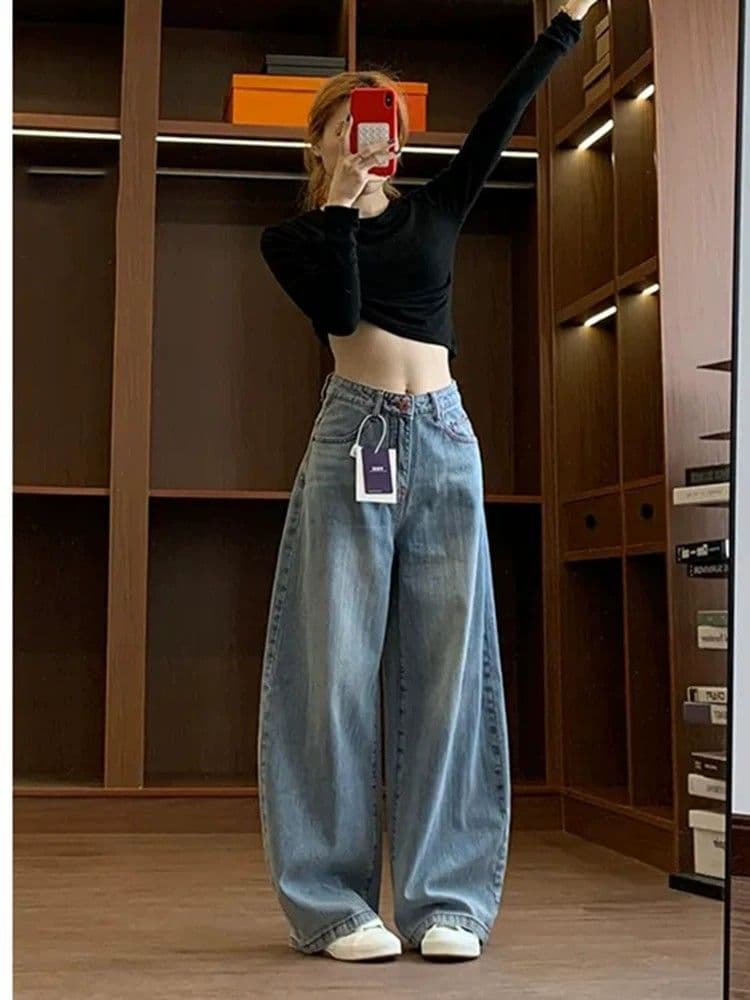 하늘색 자수 루즈핏 넓은 다리 청바지 여성 여름 새로운 하이웨이스트 슬림해 보이는 캐주얼 다용도 도루 센스 바닥 청소 바지 상세 이미지 3