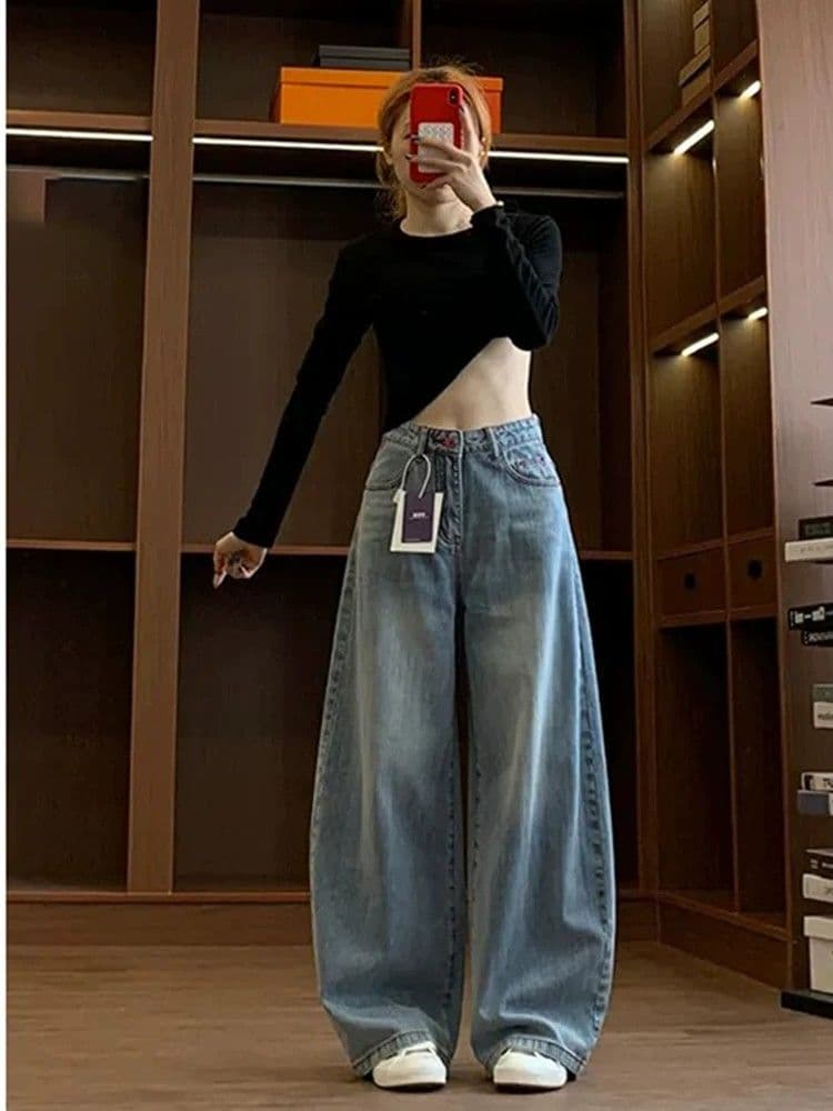 하늘색 자수 루즈핏 넓은 다리 청바지 여성 여름 새로운 하이웨이스트 슬림해 보이는 캐주얼 다용도 도루 센스 바닥 청소 바지 상세 이미지 4
