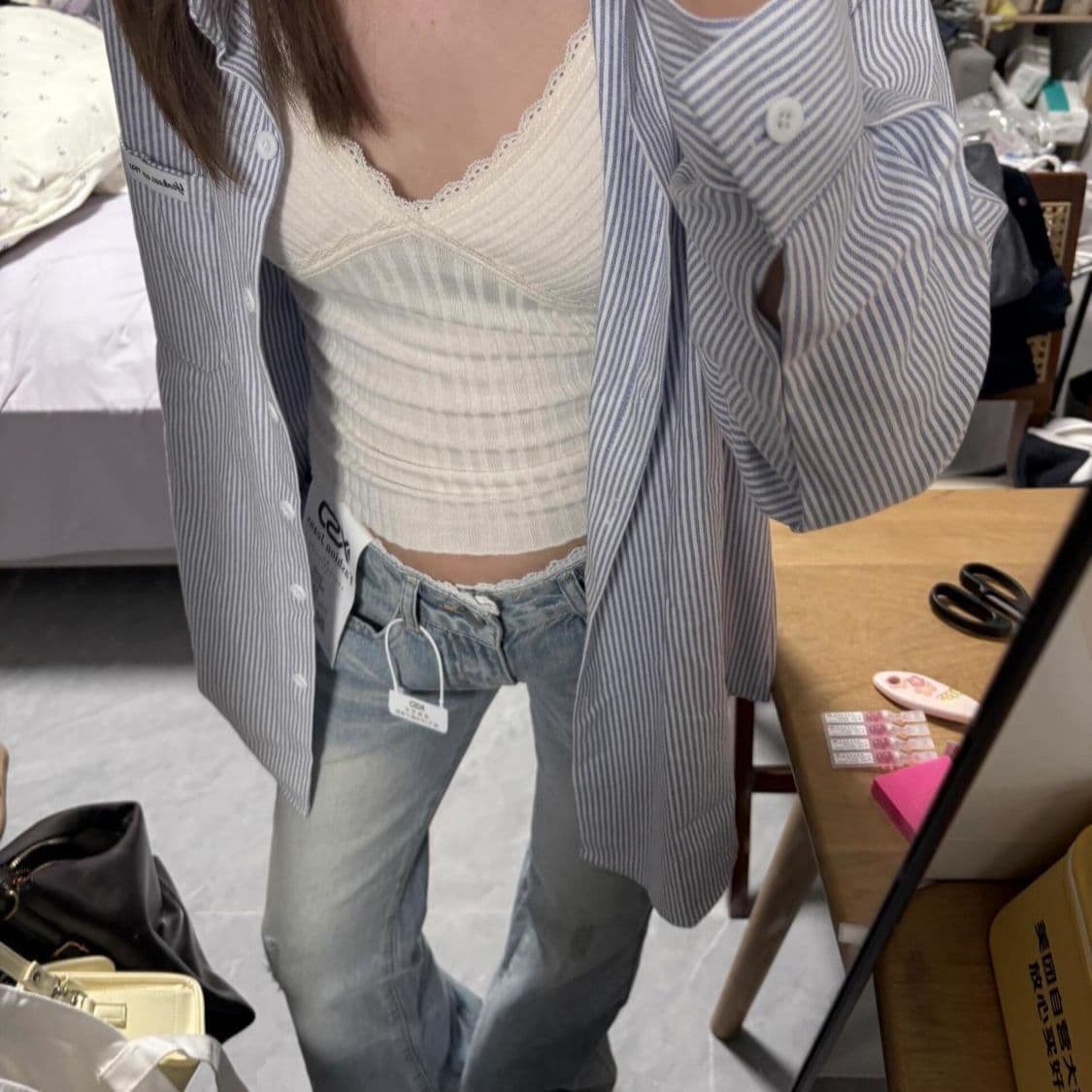 아메리칸 레트로 높음 거리 레이스 레이스 패치워크 하늘색 몸매 가꾸기 슬림해 보이는 마이크로 나팔 청바지 여성 바닥 청소 바지