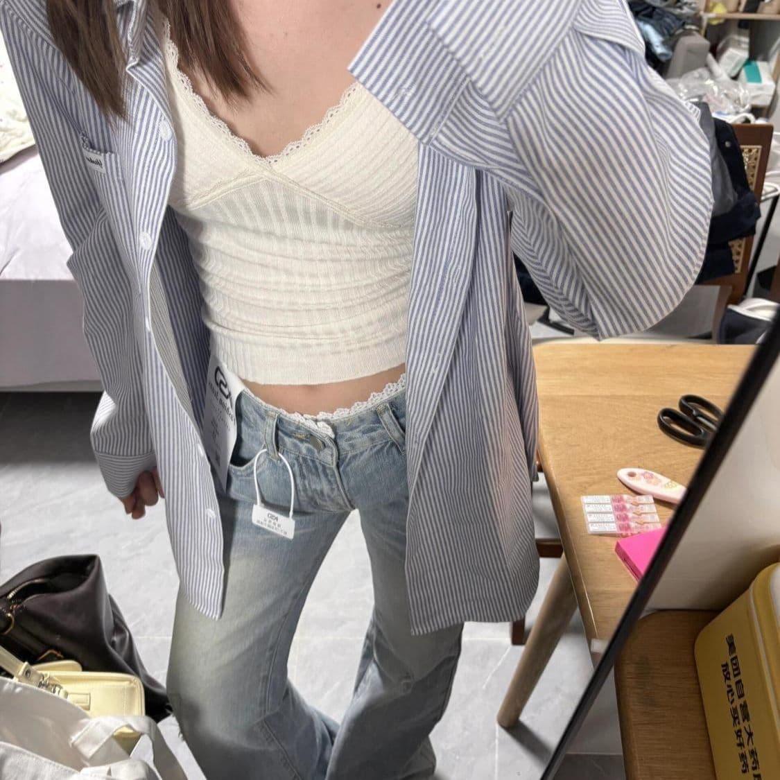 아메리칸 레트로 높음 거리 레이스 레이스 패치워크 하늘색 몸매 가꾸기 슬림해 보이는 마이크로 나팔 청바지 여성 바닥 청소 바지 이미지 2