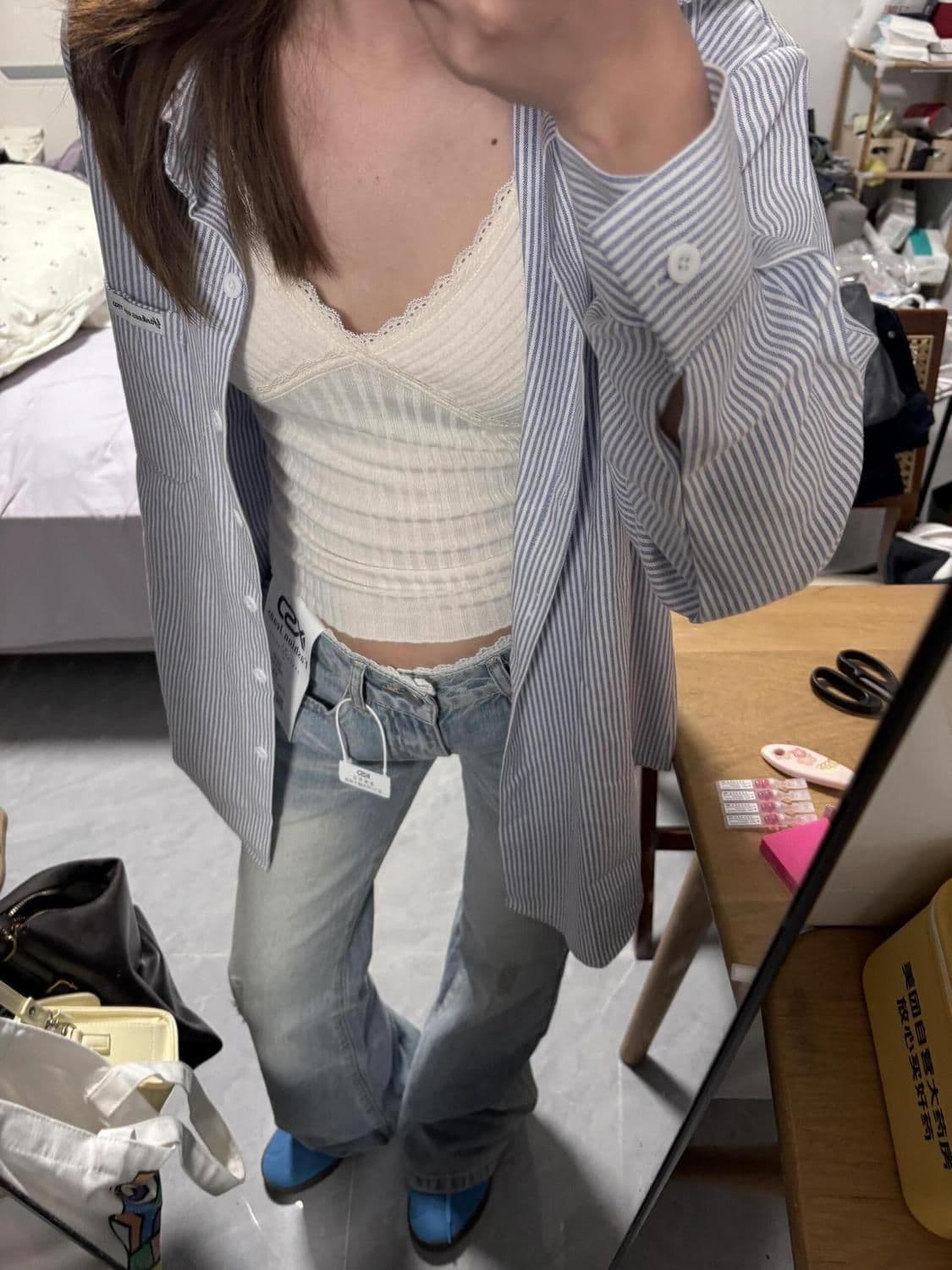아메리칸 레트로 높음 거리 레이스 레이스 패치워크 하늘색 몸매 가꾸기 슬림해 보이는 마이크로 나팔 청바지 여성 바닥 청소 바지 상세 이미지 3