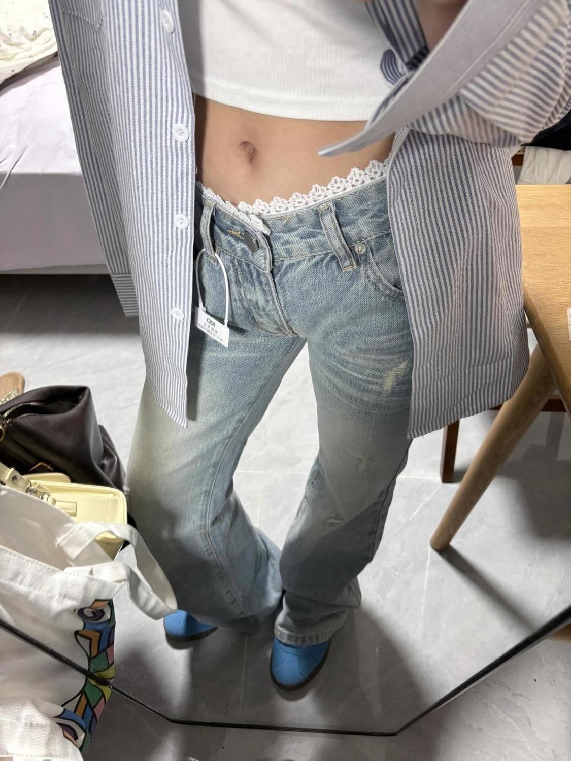 아메리칸 레트로 높음 거리 레이스 레이스 패치워크 하늘색 몸매 가꾸기 슬림해 보이는 마이크로 나팔 청바지 여성 바닥 청소 바지 상세 이미지 4