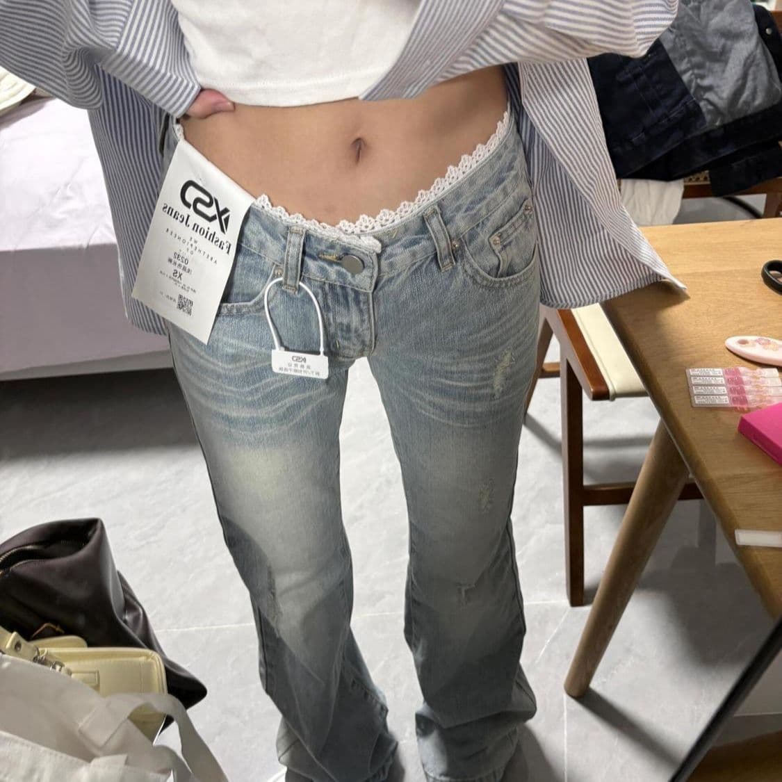 아메리칸 레트로 높음 거리 레이스 레이스 패치워크 하늘색 몸매 가꾸기 슬림해 보이는 마이크로 나팔 청바지 여성 바닥 청소 바지 상세 이미지 6