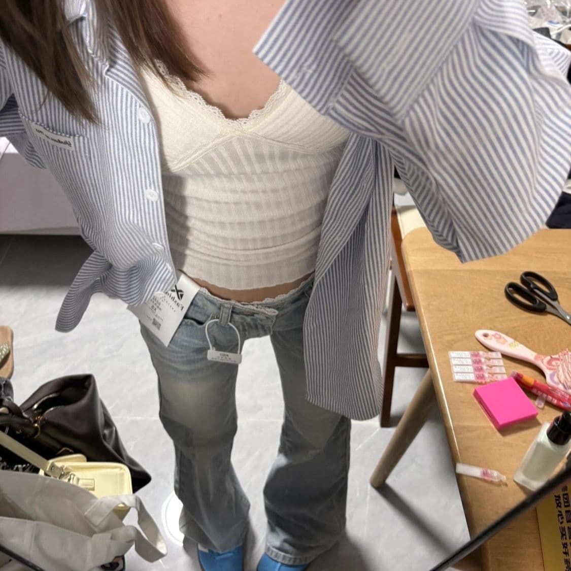 아메리칸 레트로 높음 거리 레이스 레이스 패치워크 하늘색 몸매 가꾸기 슬림해 보이는 마이크로 나팔 청바지 여성 바닥 청소 바지 상세 이미지 8