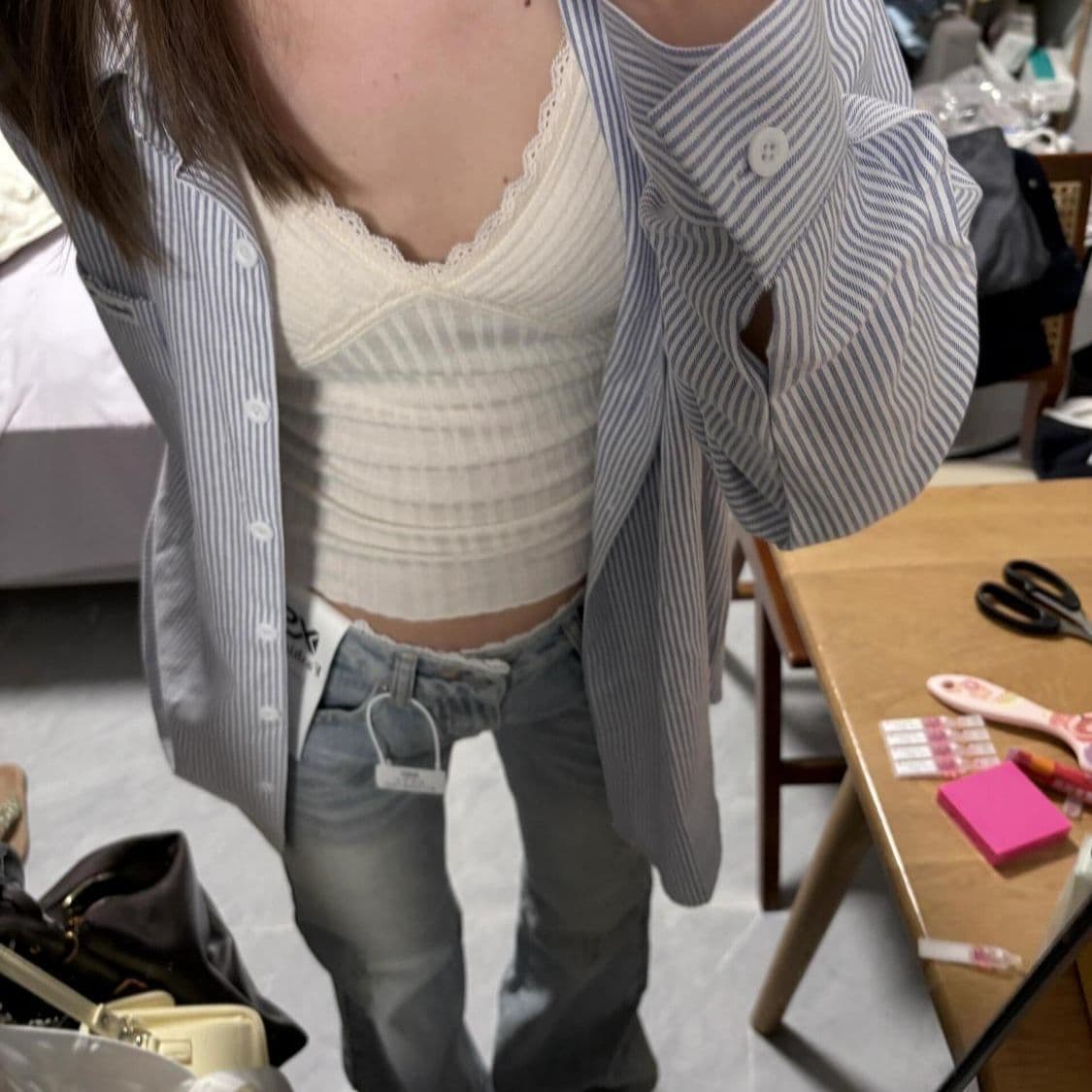 아메리칸 레트로 높음 거리 레이스 레이스 패치워크 하늘색 몸매 가꾸기 슬림해 보이는 마이크로 나팔 청바지 여성 바닥 청소 바지 상세 이미지 9