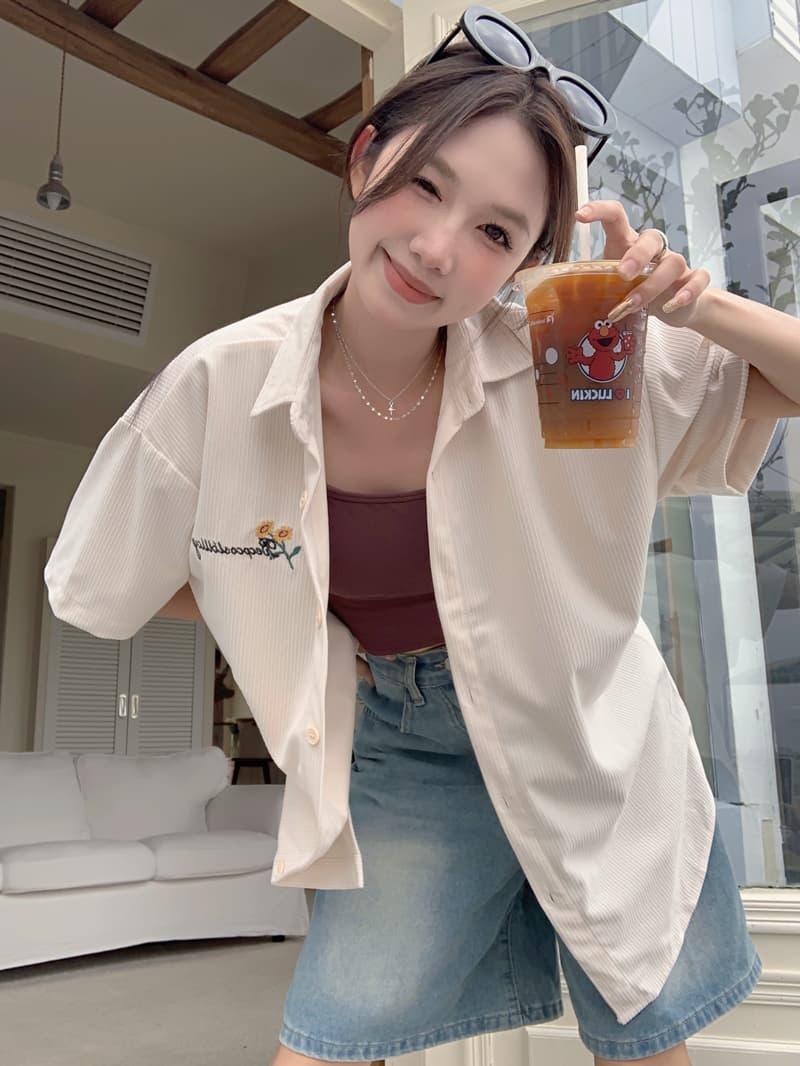 아메리칸 레트로 작은 꽃 자수 코듀로이 여성 셔츠 2026 여름 다용도 루즈핏 반팔 POLO 칼라 맨위 상세 이미지 17