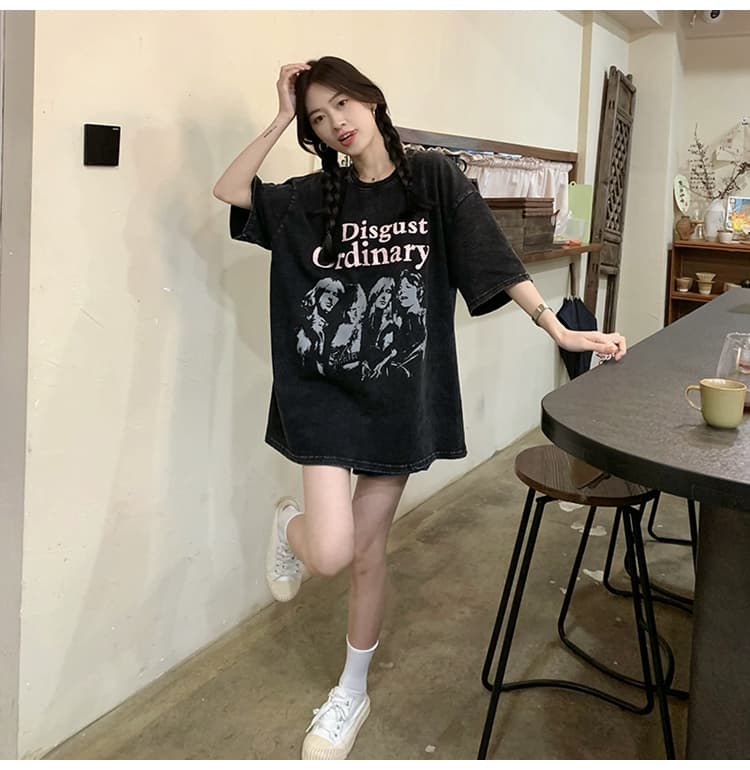 아메리칸 티셔츠 여성 여름 작은 대중 디자인 센스 마 오래된 프린트 상세 이미지 19